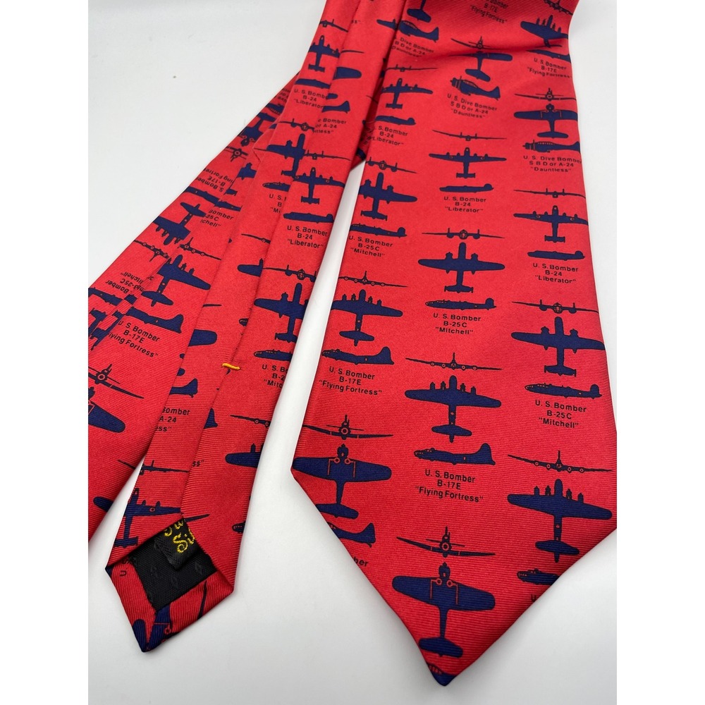 Josh Bach Mens Red Silk Tie US WWII Bomber Aircraft B-17 B-24 B-25 SBD Aviation